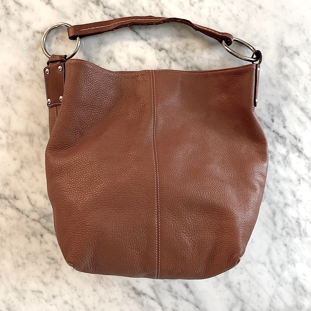 Cognac leather hobo bag with key chain clip - big and roomy